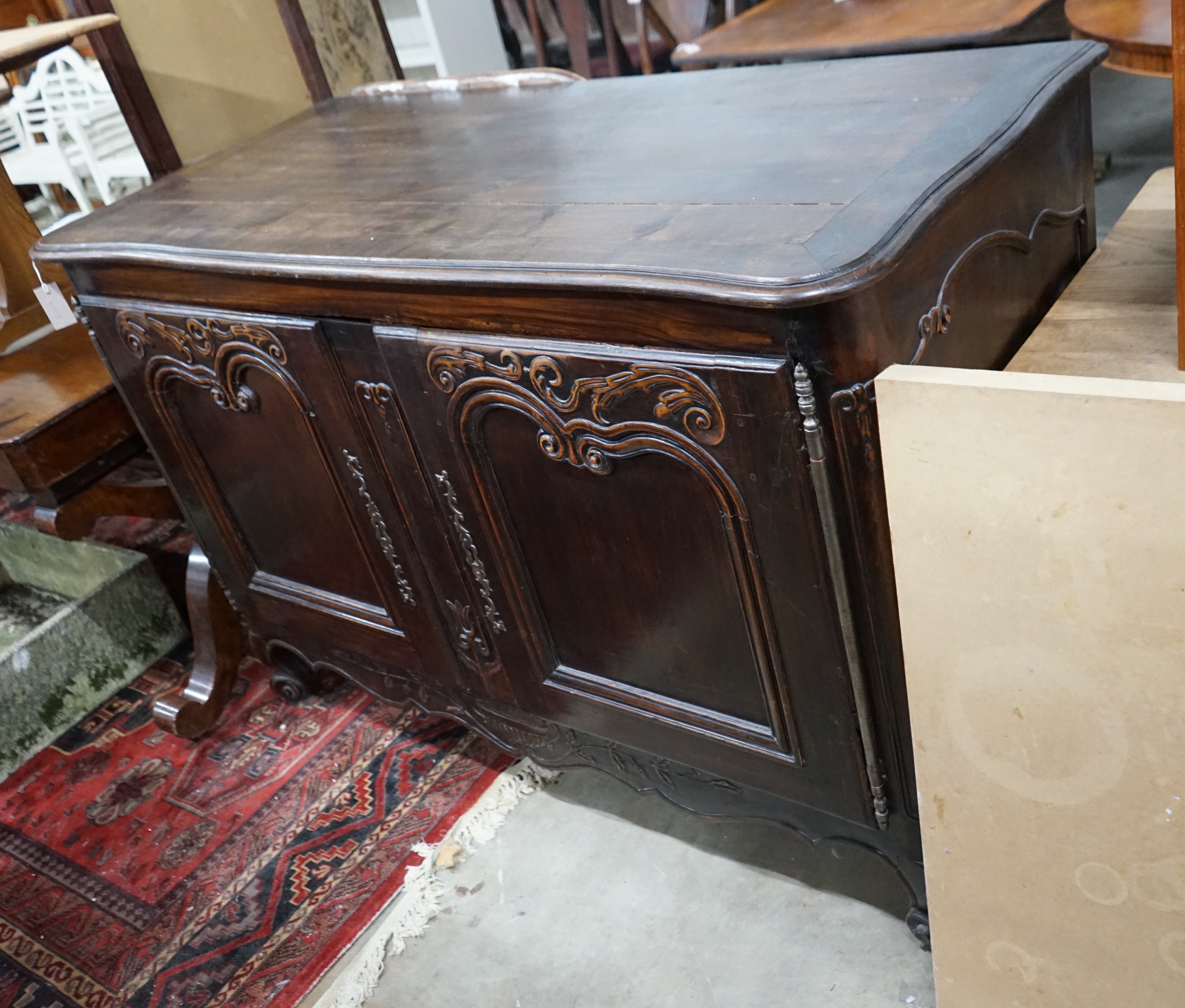 An 18th century style French two door side cabinet, width 148cm, depth 69cm, height 100cm